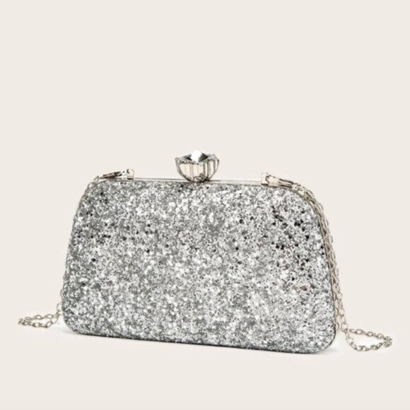 Silver Glitter Bling, Sequin, Rhinestone Evening Box Bag - Picture 2 of 8